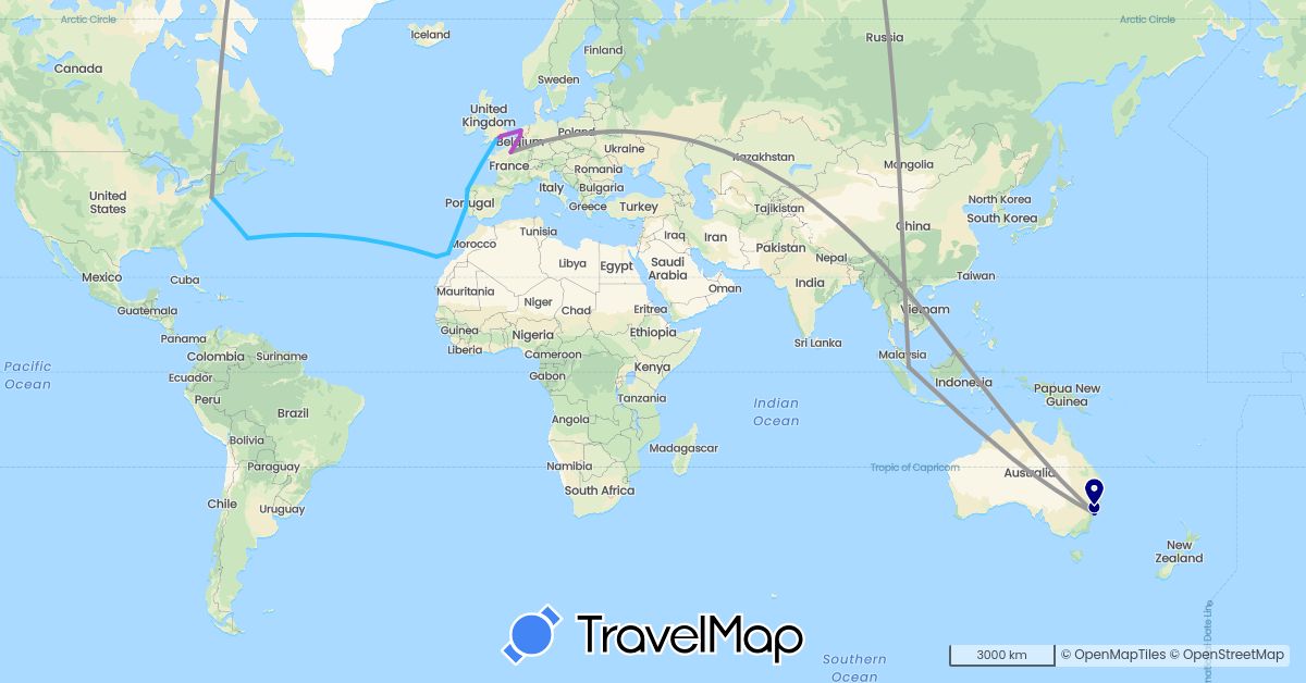 TravelMap itinerary: driving, plane, train, boat in Australia, Bermuda, Spain, France, United Kingdom, Netherlands, Portugal, Singapore, United States (Asia, Europe, North America, Oceania)